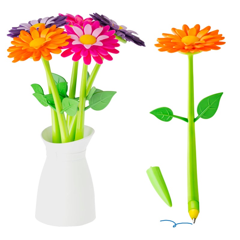 Vigar Flower Pen Set with Vase Holder, 5 Colorful Decorative Floral Pens with Blue Ink, Cute Office Supplies, Fun Pens for School and Work - Image 1